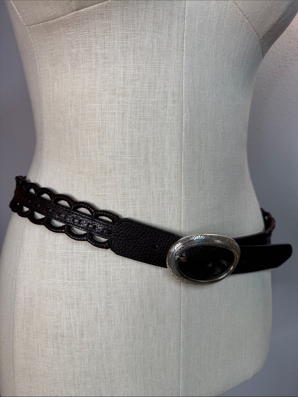 Brighton Sable Brown Cut Out Leather Belt with Engraved Silver Buckle